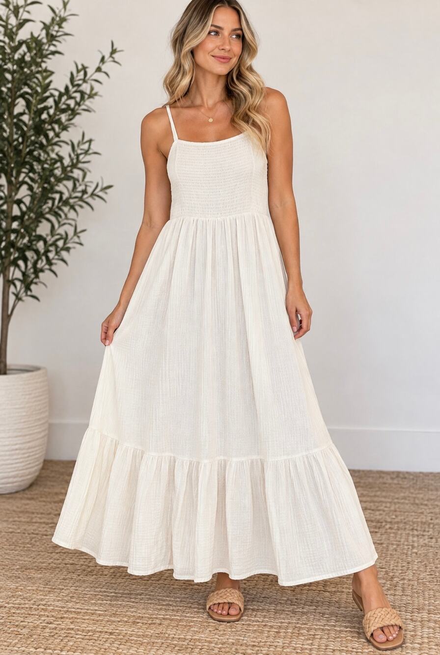 Steve Madden White Smocked Gauze Maxi Dress Size L Boho Tiered NWT